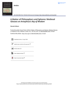 A Matter of Philosophers and Spheres: Medieval Glosses on Artephius’S Key of Wisdom
