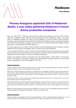 Thomas Anargyros Appointed CEO of Mediawan Studio, a New Entity Gathering Mediawan’S French Drama Production Companies