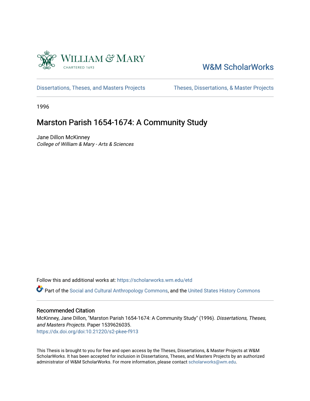 Marston Parish 1654-1674: a Community Study