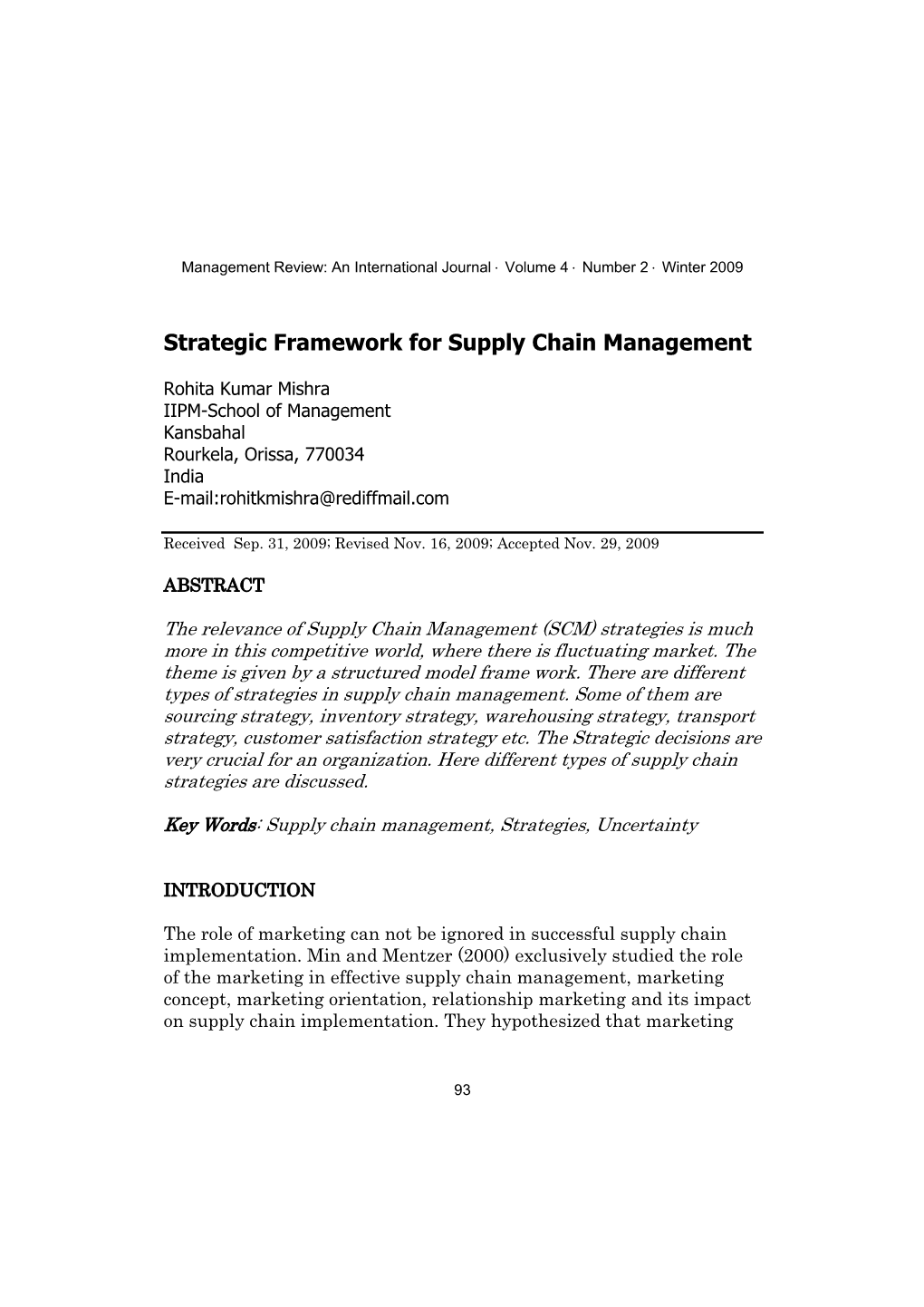 Strategic Framework for Supply Chain Management