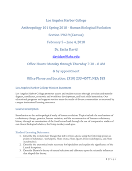 Los Angeles Harbor College Anthropology 101 Spring 2018