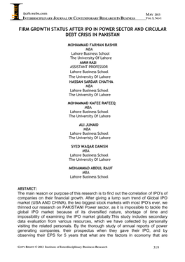 Firm Growth Status After Ipo in Power Sector and Circular Debt Crisis in Pakistan