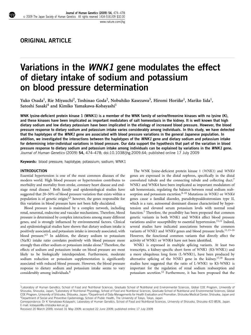 Variations in the WNK1 Gene Modulates the Effect of Dietary Intake of Sodium and Potassium on Blood Pressure Determination