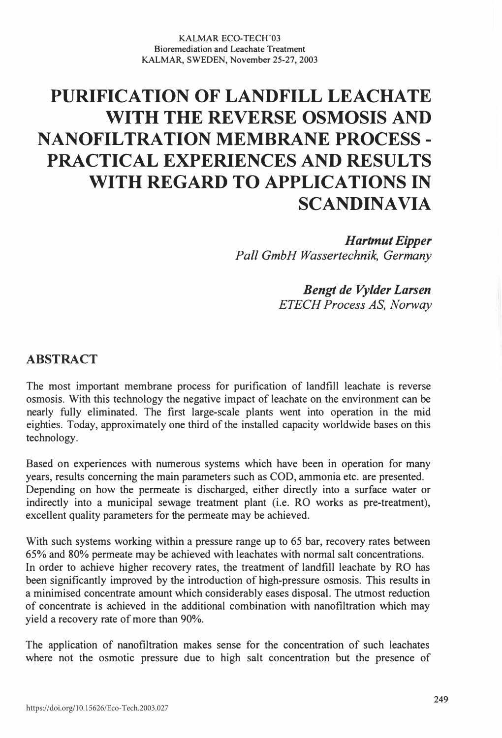 Purification of Landfill Leachate with the Reverse Osmosis and Nanofiltration Membrane Process