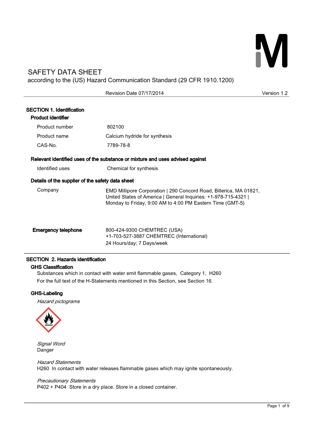 SAFETY DATA SHEET According to the (US) Hazard Communication Standard (29 CFR 1910.1200)