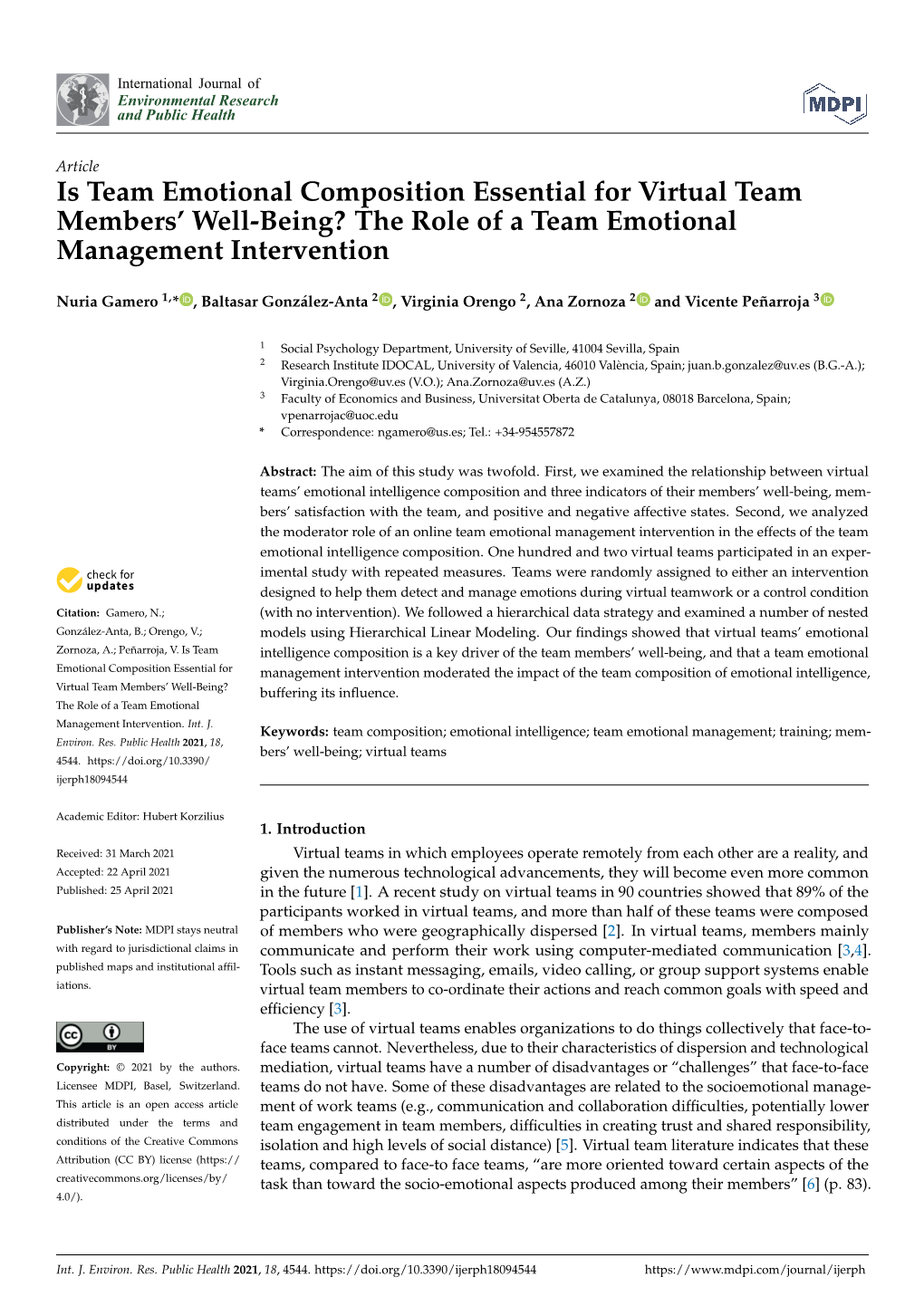 Is Team Emotional Composition Essential for Virtual Team Members’ Well-Being? the Role of a Team Emotional Management Intervention