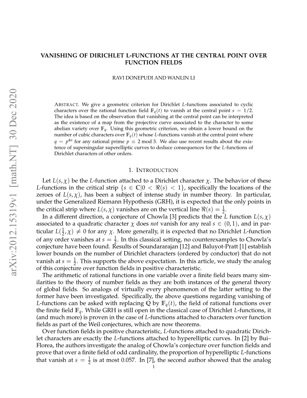 Arxiv:2012.15319V1 [Math.NT]