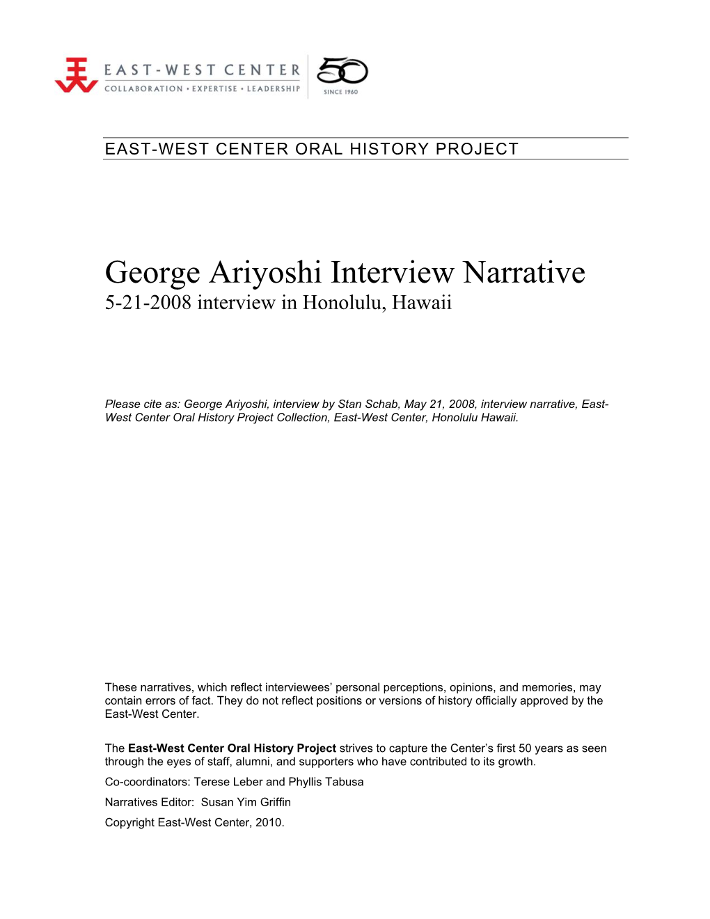 Read Ariyoshi's Interview Narrative