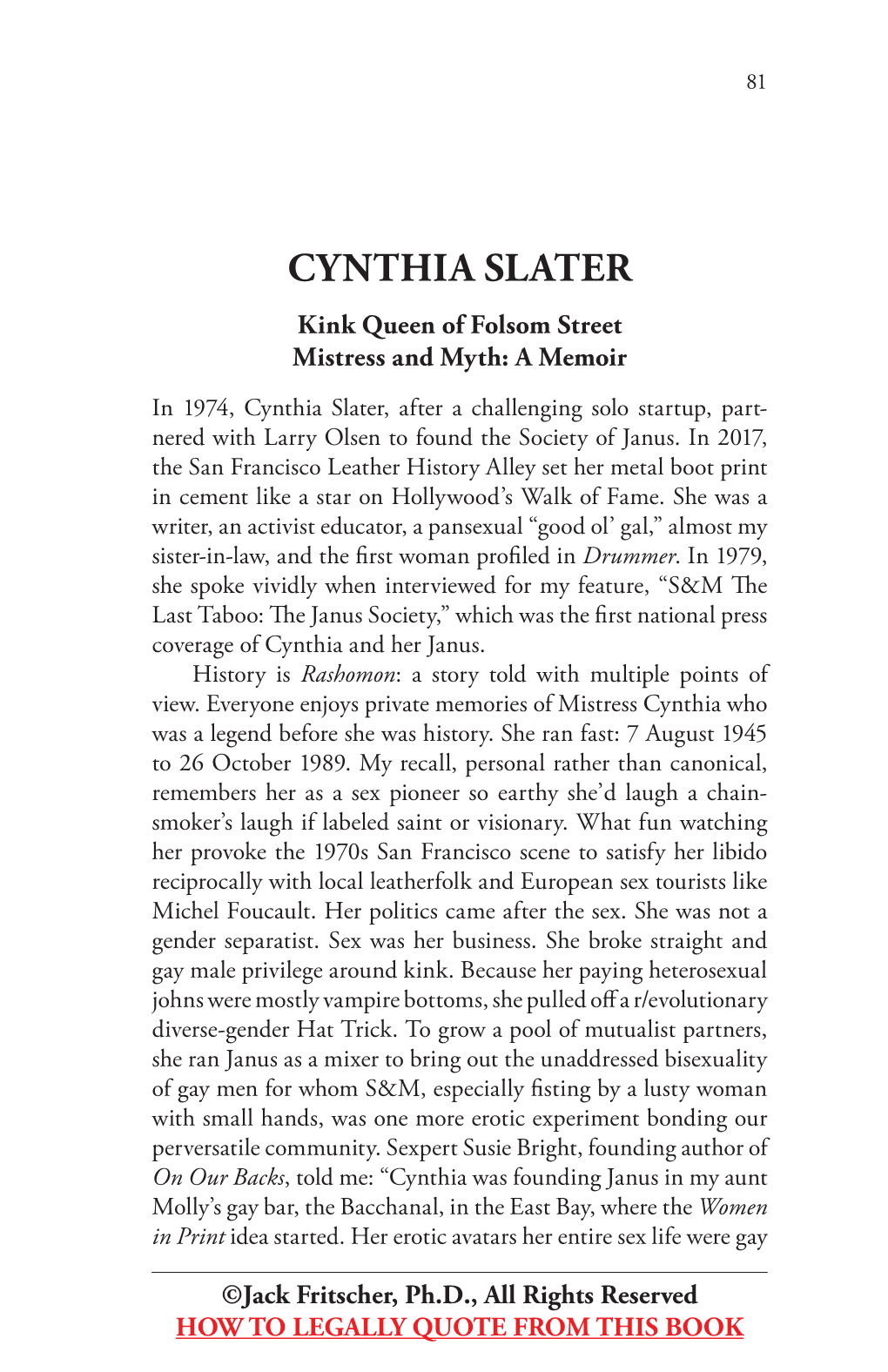 CYNTHIA SLATER Kink Queen of Folsom Street Mistress and Myth: a Memoir