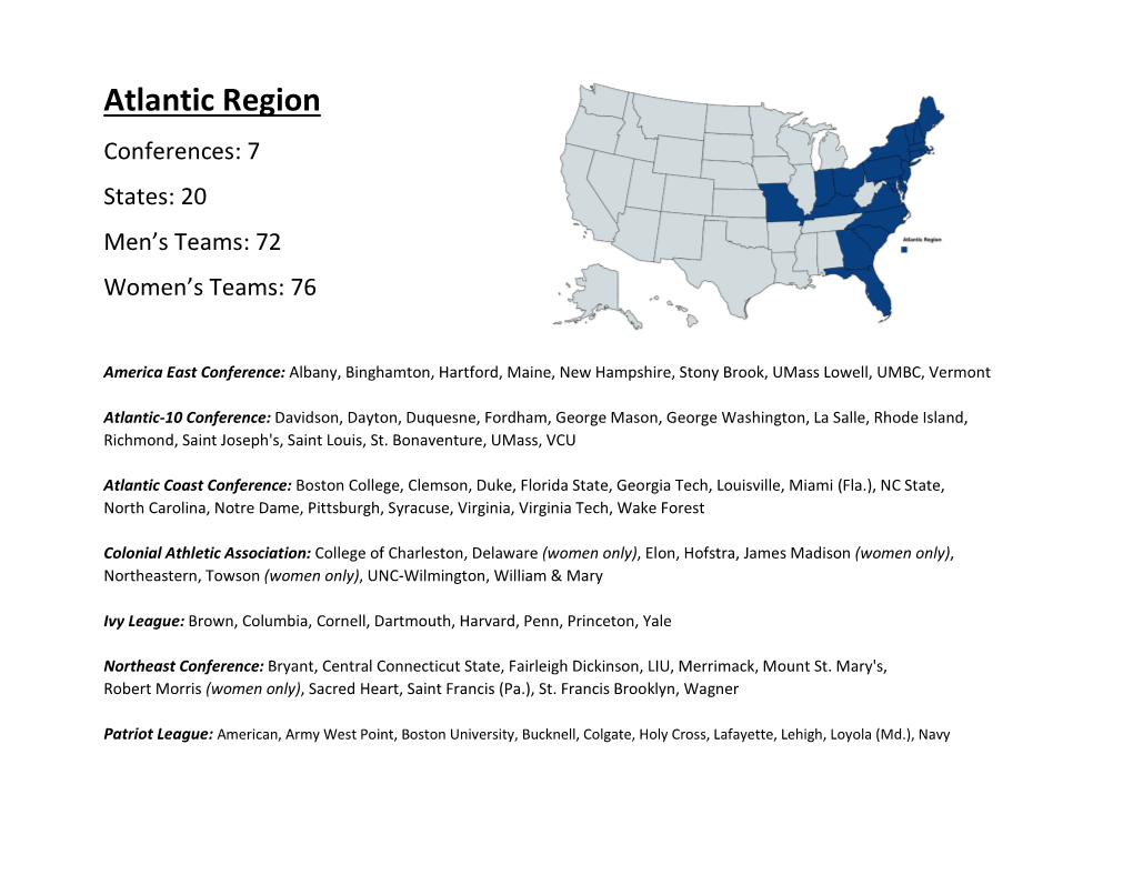 Atlantic Region Conferences: 7 States: 20 Men’S Teams: 72 Women’S Teams: 76