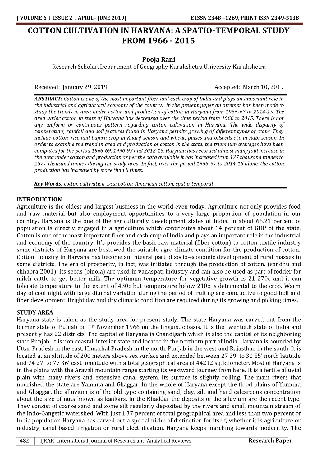 Cotton Cultivation in Haryana: a Spatio-Temporal Study from 1966 - 2015