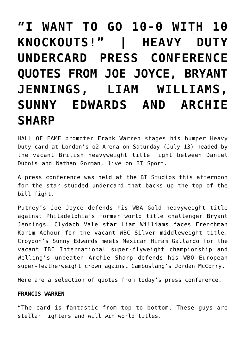 Heavy Duty Undercard Press Conference Quotes from Joe Joyce, Bryant Jennings, Liam Williams, Sunny Edwards and Archie Sharp