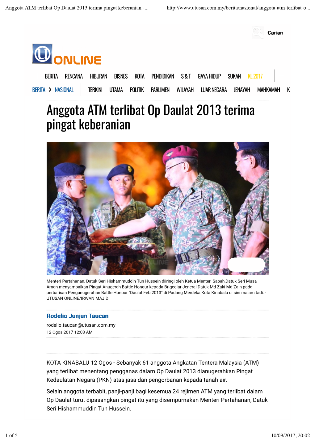 Anggota ATM Terlibat Op Daulat 2013 Terima Pingat Keberanian