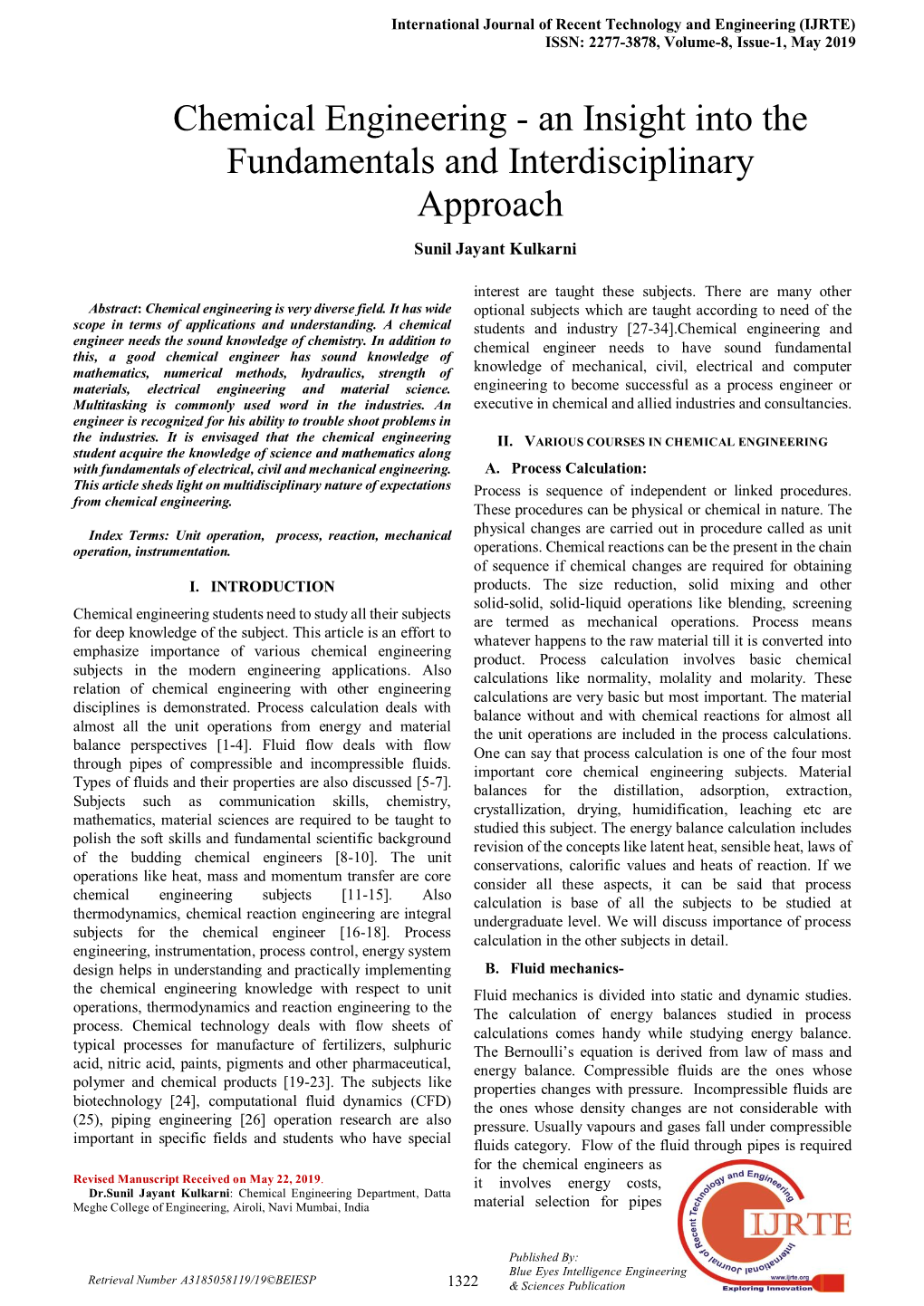 Chemical Engineering - an Insight Into the Fundamentals and Interdisciplinary Approach Sunil Jayant Kulkarni