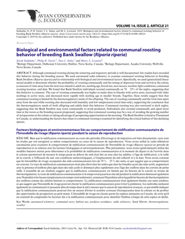 Biological and Environmental Factors Related to Communal Roosting Behavior of Breeding Bank Swallow (Riparia Riparia)
