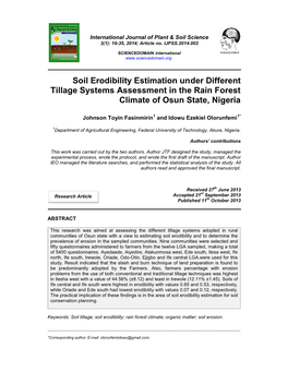 Soil Erodibility Estimation Under Different Tillage Systems Assessment in the Rain Forest Climate of Osun State, Nigeria