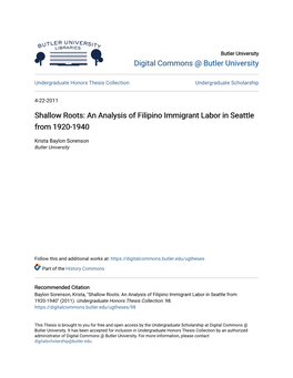An Analysis of Filipino Immigrant Labor in Seattle from 1920-1940