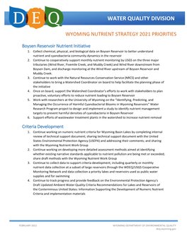 2021 Priorities Wyoming Nutrient Strategy