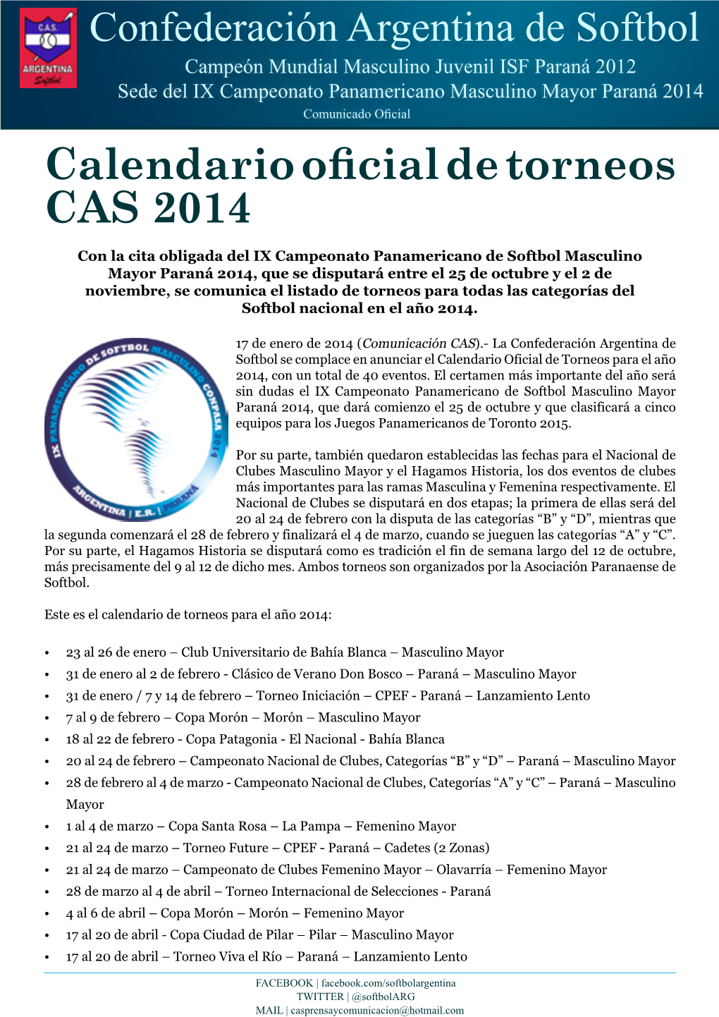 Calendario Oficial De Torneos CAS 2014