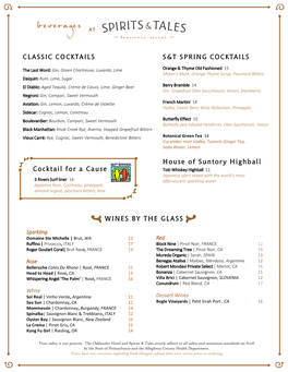 Classic Cocktails Wines by the Glass S&T Spring