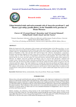 Ethno Botanical Study and Socio-Economic Role of Anacyclus Pyrethrum L