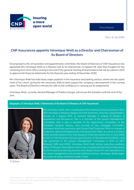 CNP Assurances Appoints Véronique Weill As a Director and Chairwoman of Its Board of Directors