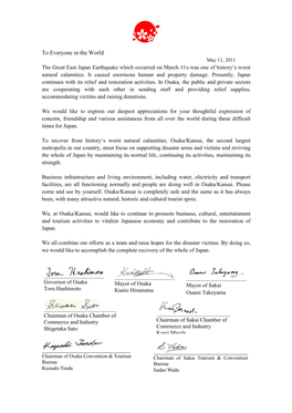 To Everyone in the World May 11, 2011 the Great East Japan Earthquake Which Occurred on March 11Th Was One of History’S Worst Natural Calamities