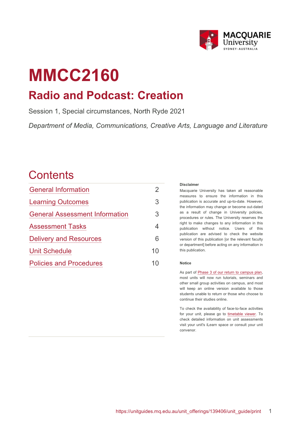 MMCC2160 Radio and Podcast: Creation Session 1, Special Circumstances, North Ryde 2021