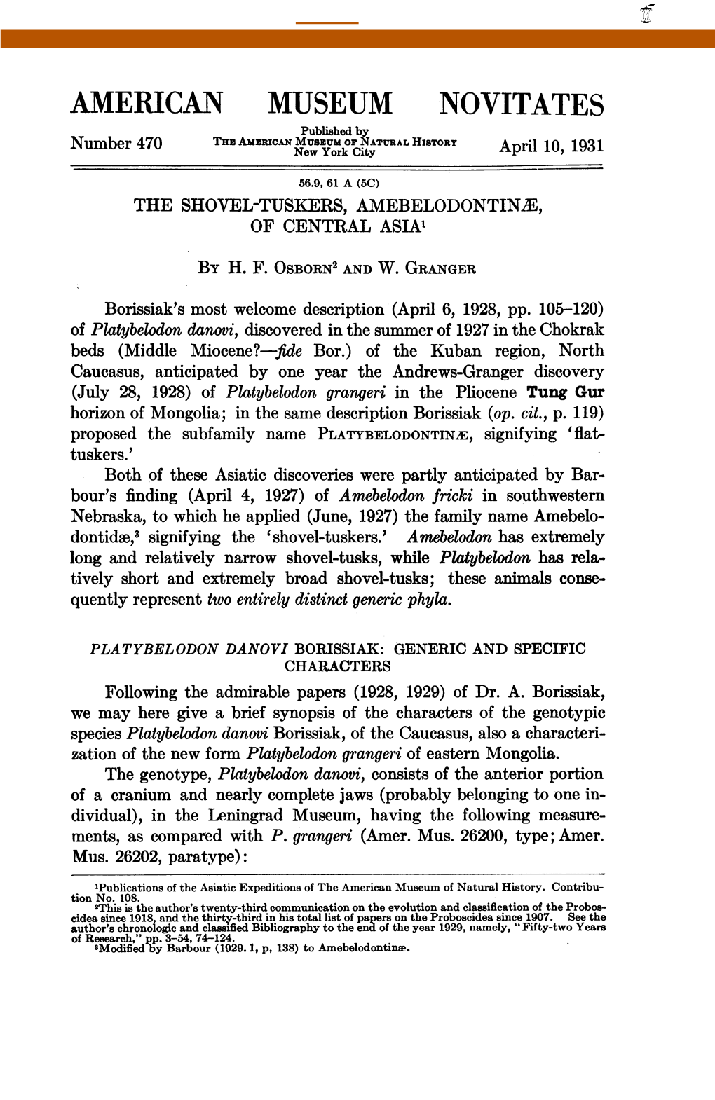 AMERICAN MUSEUM NOVITATES Published by Number 470 Thz AMERICAN Newmuszumyorkofcitynatural HISTORY April 10, 1931