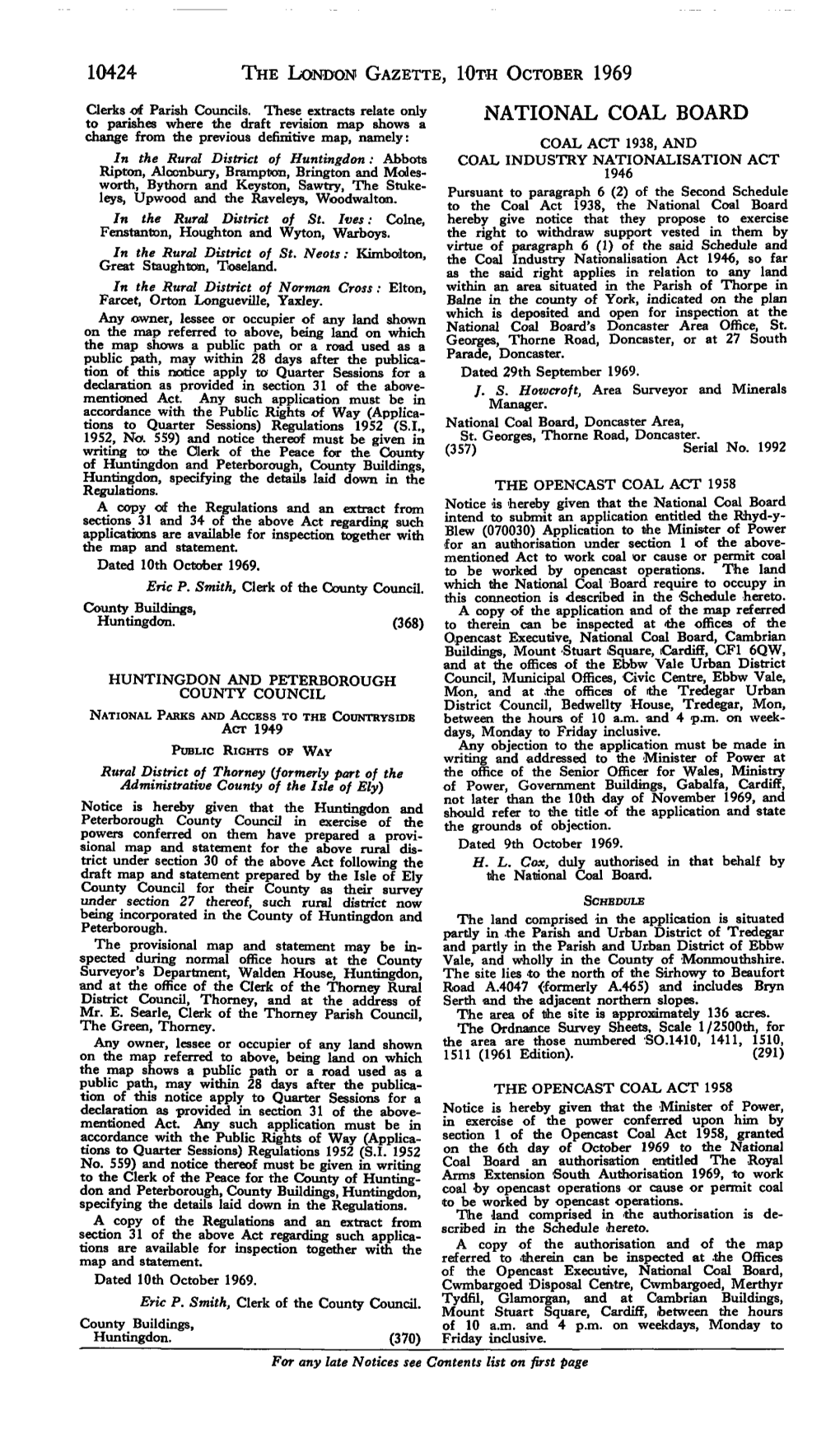 10424 the London Gazette, Ioth October 1969 National Coal