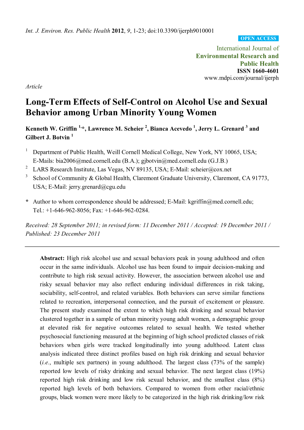 Long-Term Effects of Self-Control on Alcohol Use and Sexual Behavior Among Urban Minority Young Women