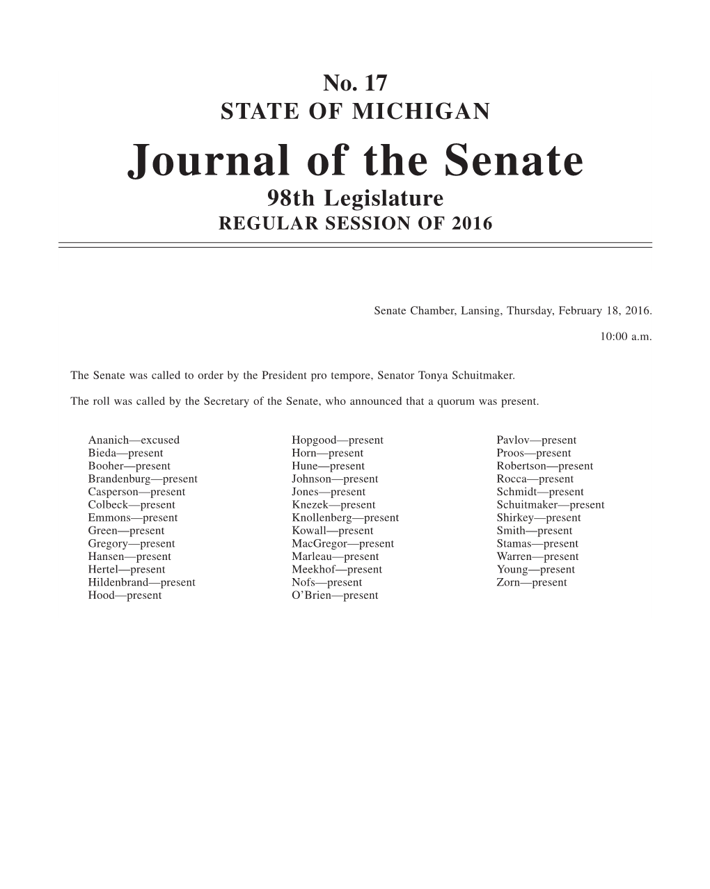 Journal of the Senate 98Th Legislature REGULAR SESSION of 2016