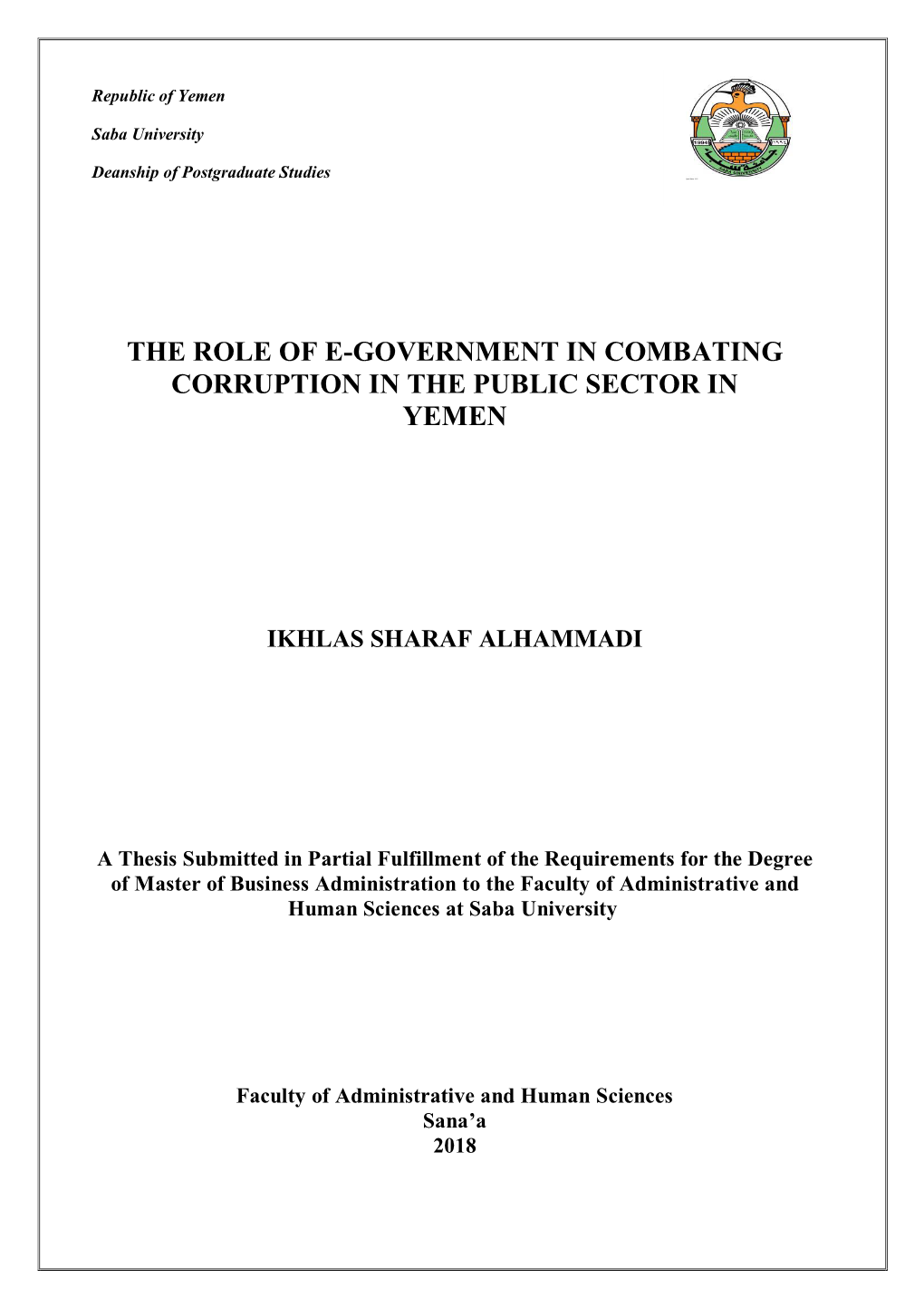 The Role of E-Government in Combating Corruption in the Public Sector in Yemen