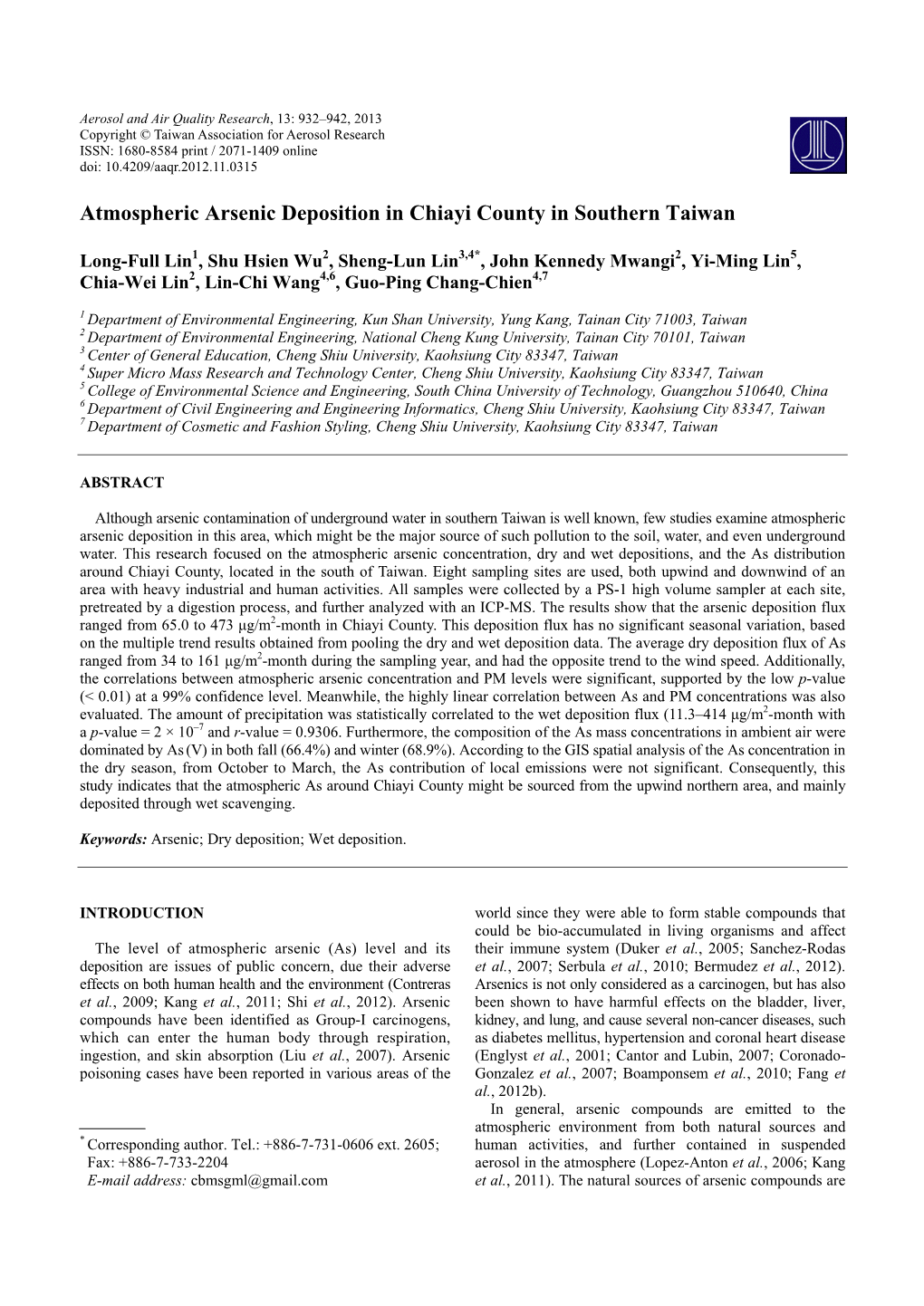 Atmospheric Arsenic Deposition in Chiayi County in Southern Taiwan