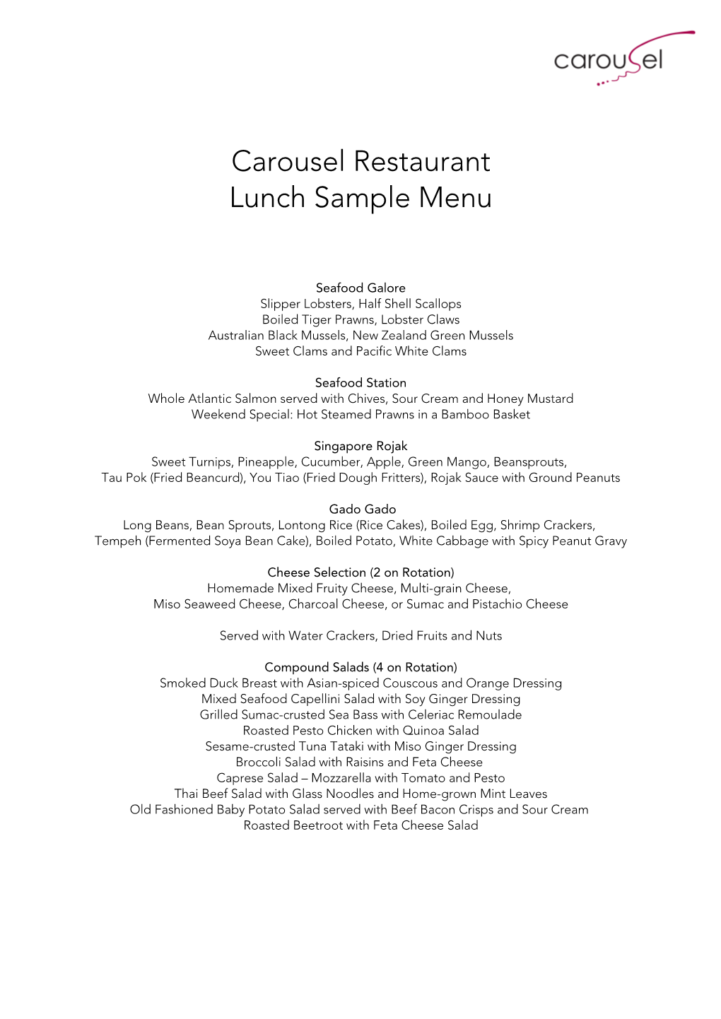 Sample Lunch Buffet Menu 2021, Carousel, Royal Plaza on Scotts