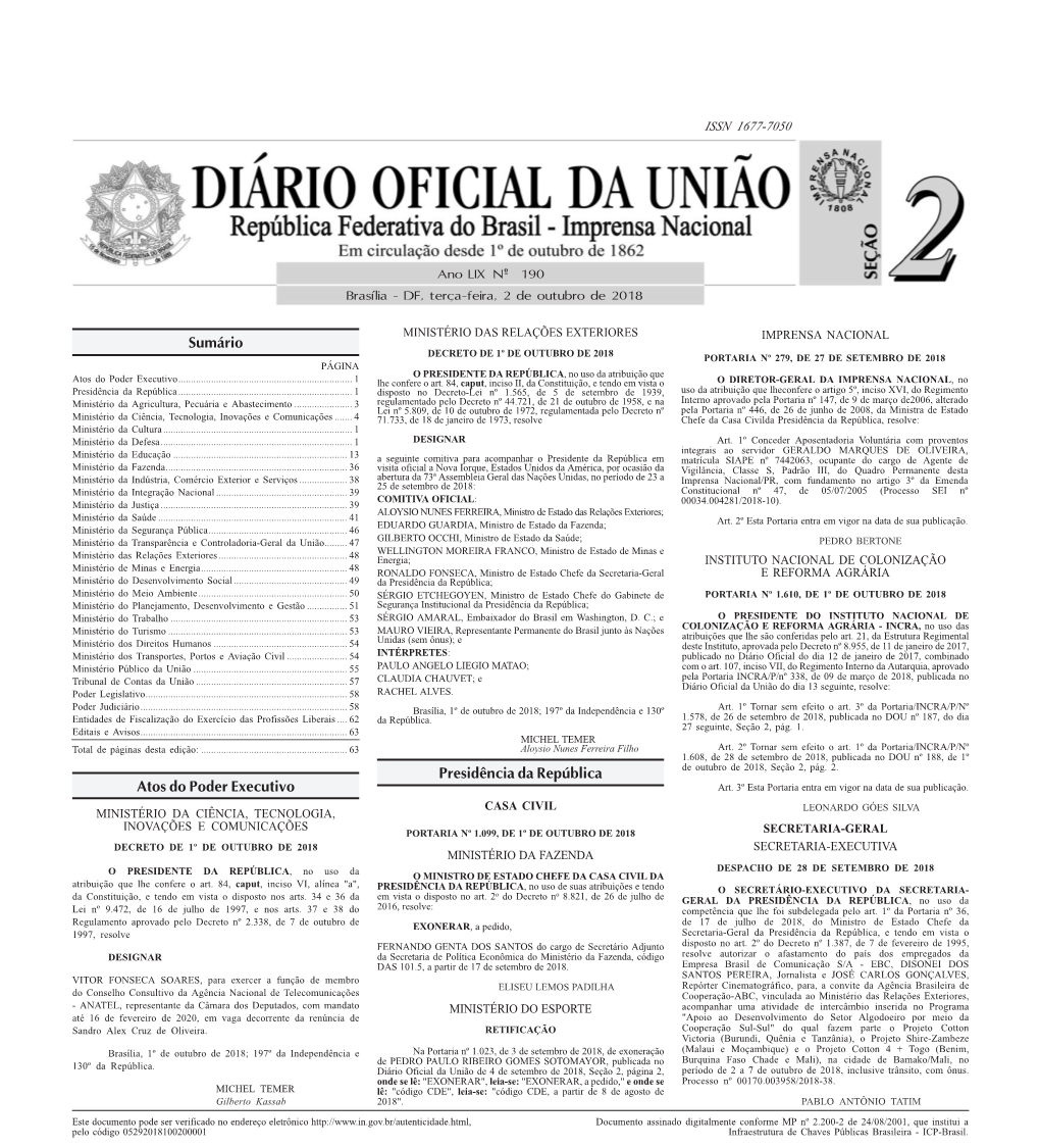 Sumário Atos Do Poder Executivo Presidência Da República