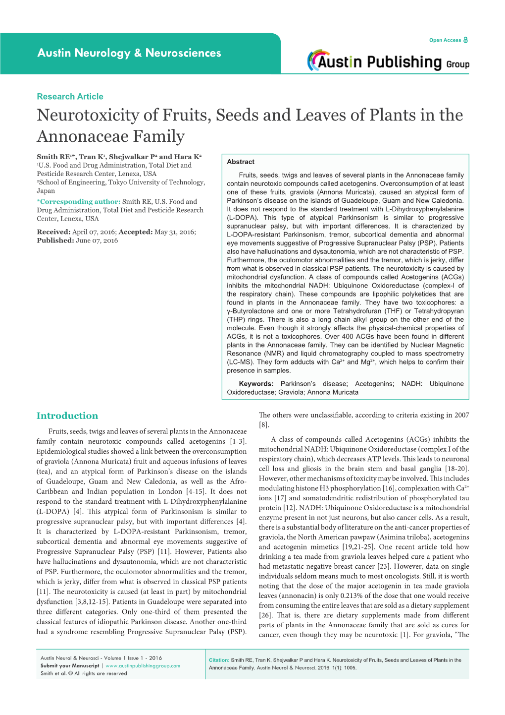 Neurotoxicity of Fruits, Seeds and Leaves of Plants in the Annonaceae Family