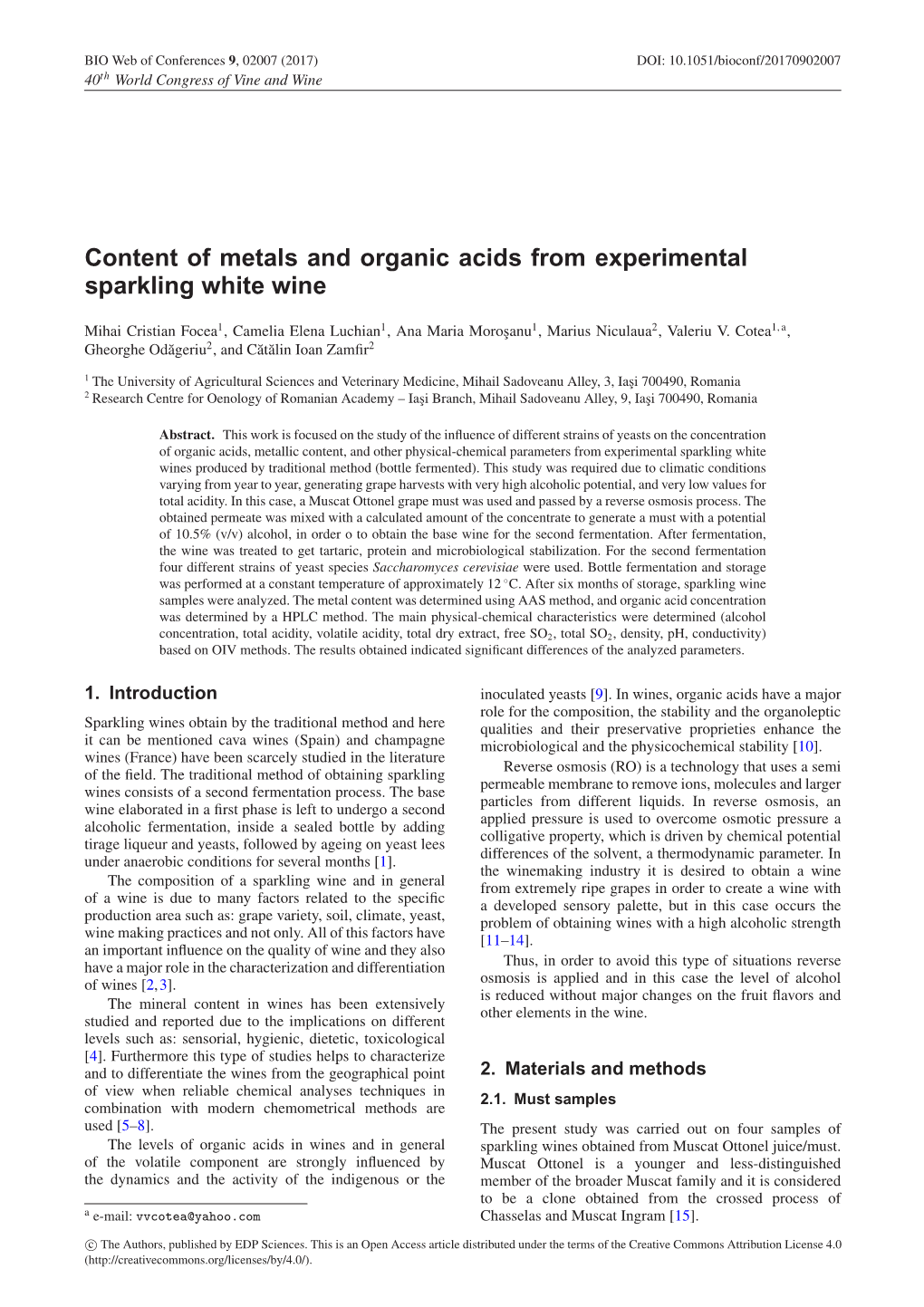 Content of Metals and Organic Acids from Experimental Sparkling White Wine