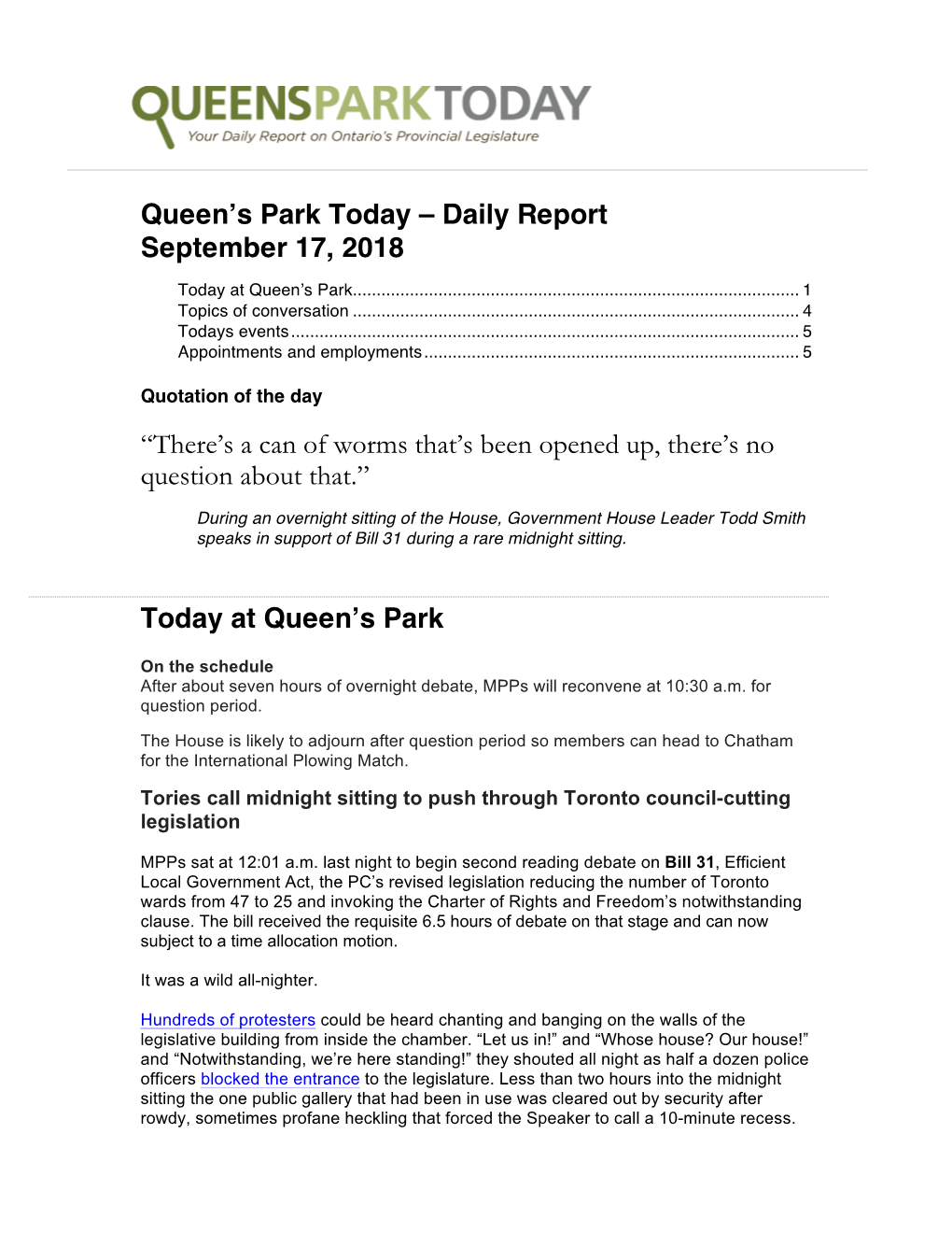 Queen's Park Today – Daily Report September 17