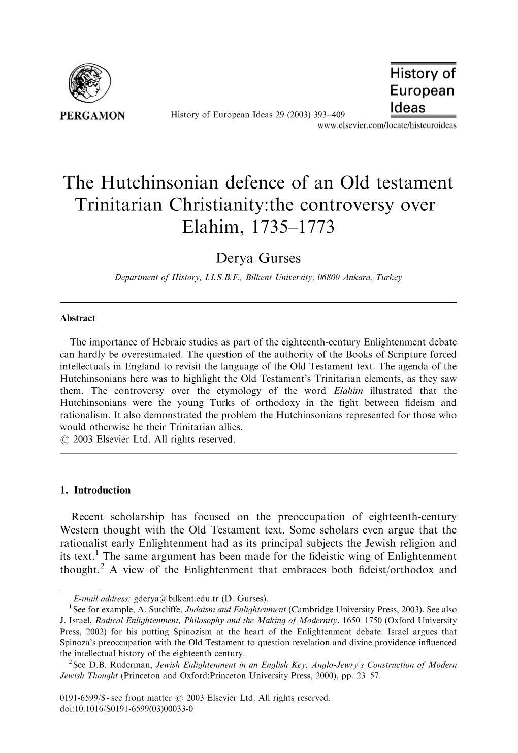 The Hutchinsonian Defence of an Old Testament Trinitarian Christianity:The Controversy Over Elahim, 1735–1773