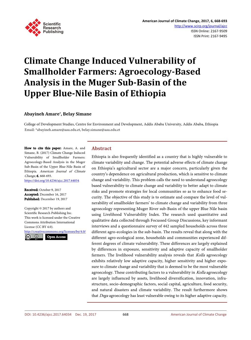 Climate Change Induced Vulnerability of Smallholder Farmers: Agroecology-Based Analysis in the Muger Sub-Basin of the Upper Blue-Nile Basin of Ethiopia