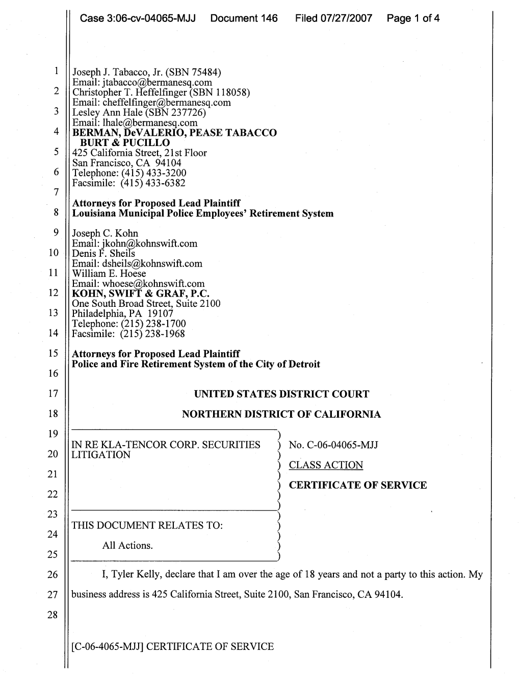 KLA-Tencor Corporation Securities Litigation 06-CV-04065-Certificate