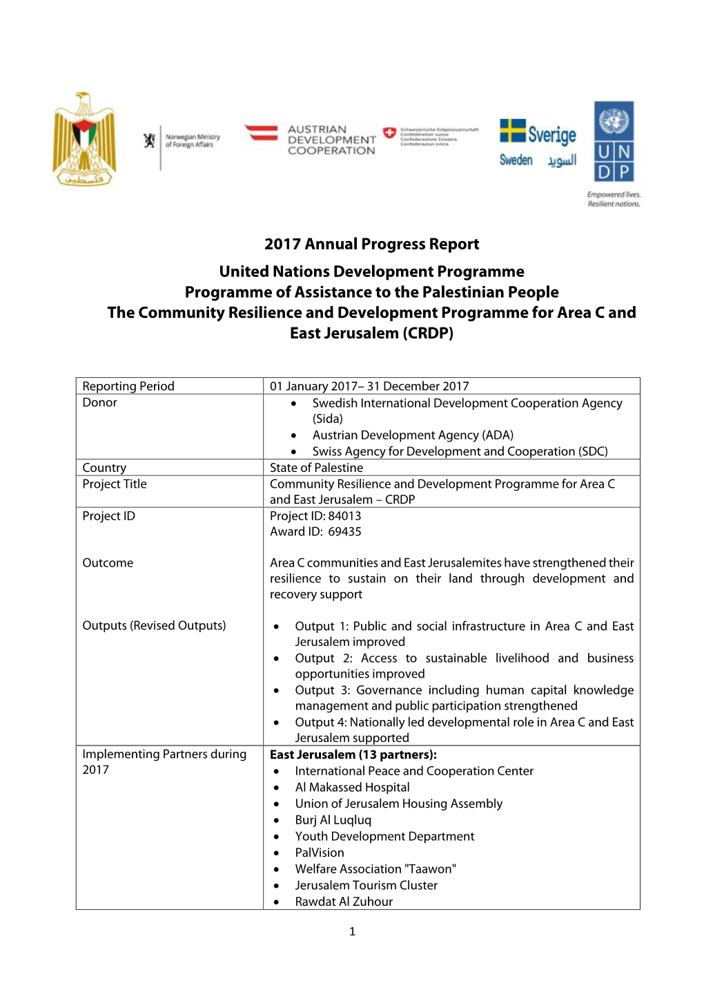 2017 Annual Progress Report United Nations Development Programme Programme of Assistance to the Palestinian People the Communit