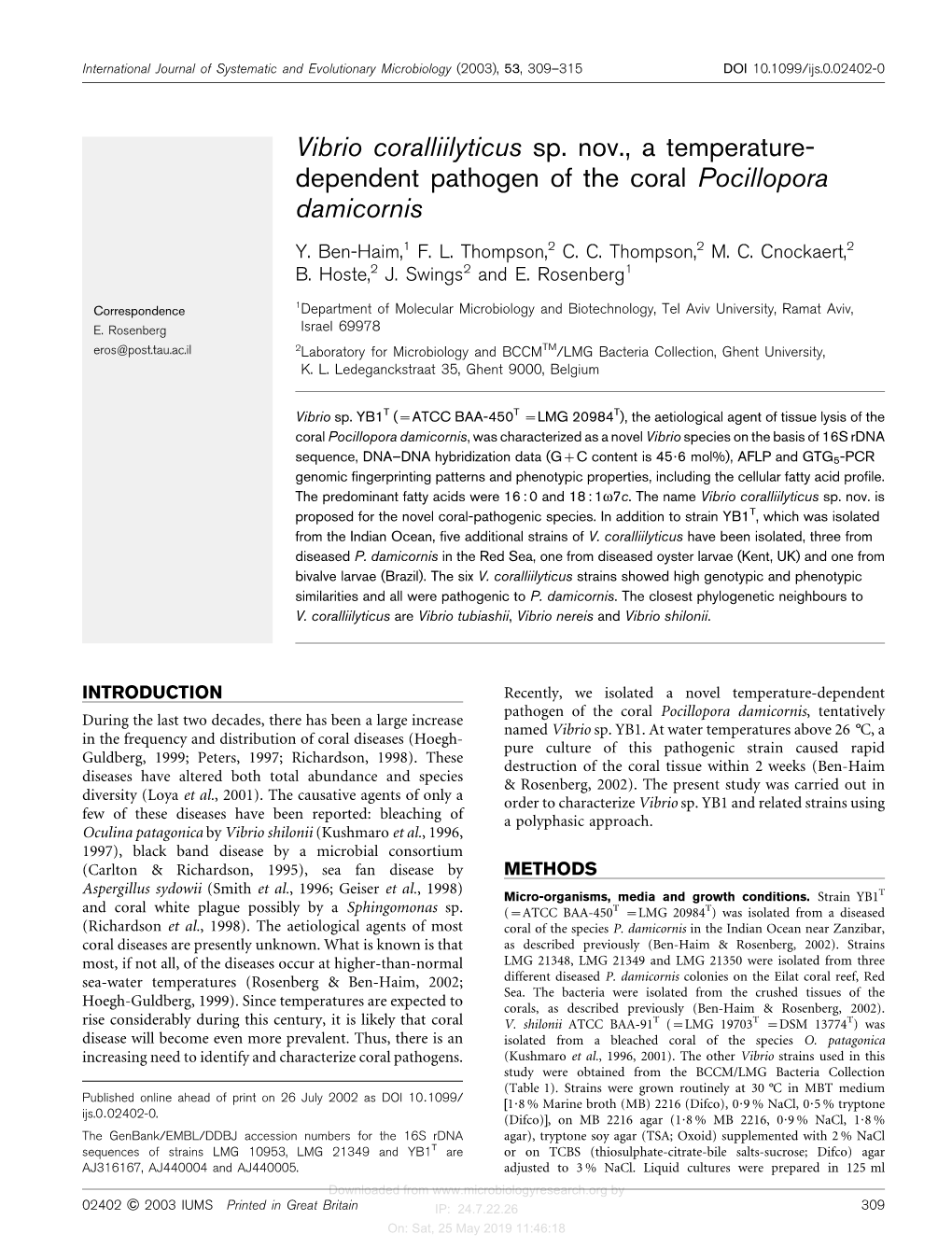 Vibrio Coralliilyticus Sp. Nov., a Temperature- Dependent Pathogen of the Coral Pocillopora Damicornis