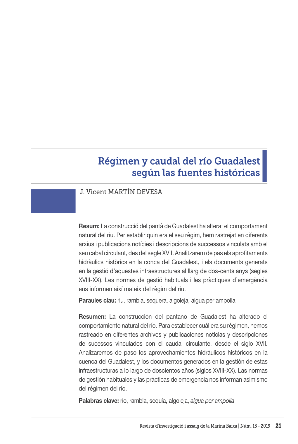 Régimen Y Caudal Del Río Guadalest Según Las Fuentes Históricas