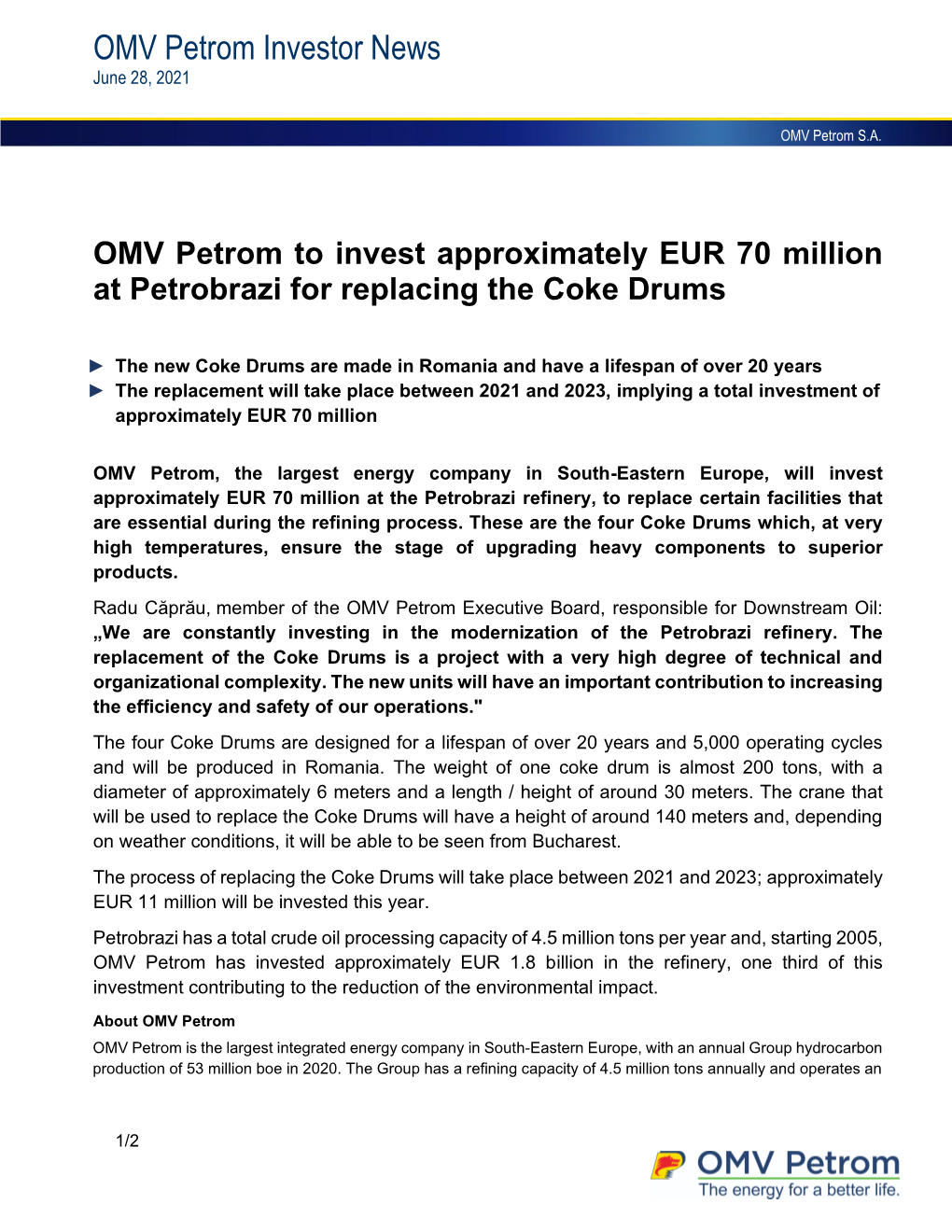 OMV Petrom Investor News June 28, 2021