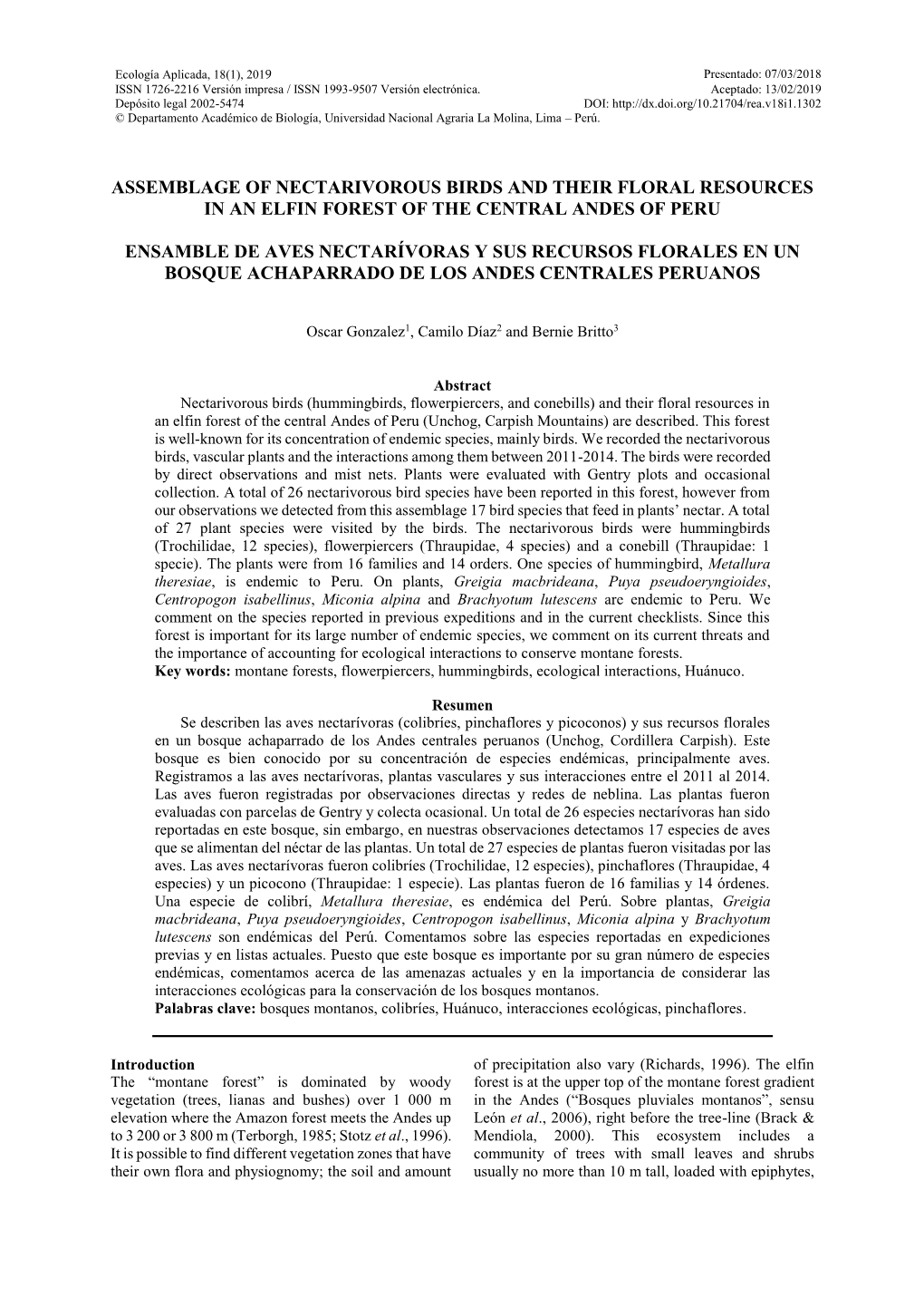 NECTARIVOROUS BIRDS and THEIR RESOURCES in the ANDES Enero - Julio 2019 ______