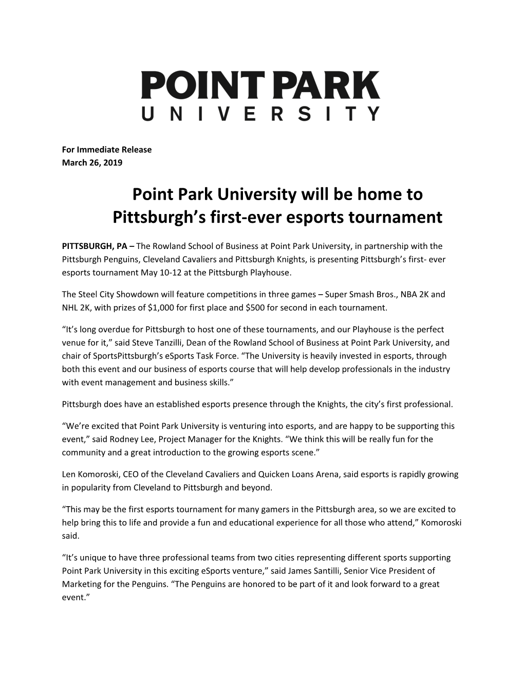 Point Park University Will Be Home to Pittsburgh's First-Ever Esports