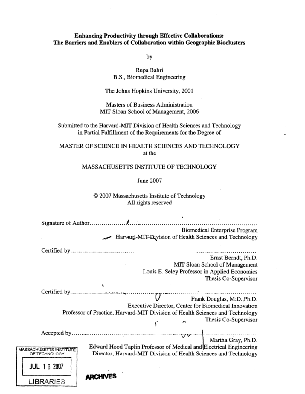 Ubkak]Tý Enhancing Productivity Through Effective Collaborations: the Barriers and Enablers of Collaboration Within Geographic Bioclusters by Rupa Bahri