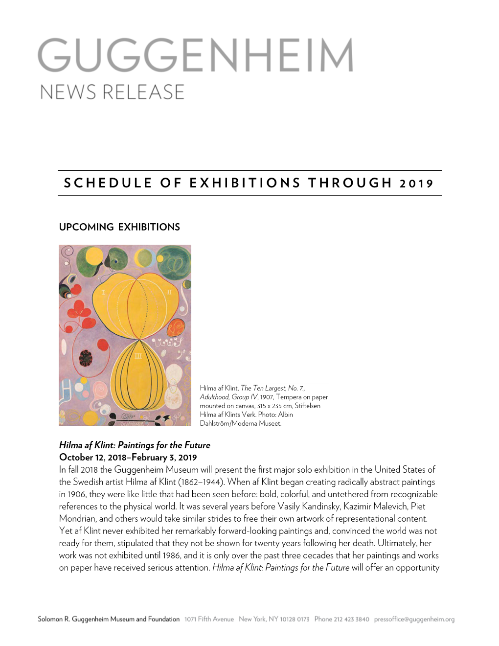 Schedule of Exhibitions Through 2019